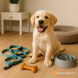 An adorable yellow Labrador Retriever puppy sits surrounded by pet accessories like a teal harness, chew toy, and slow feeder bowl—perfect for new dog owners in 2025.