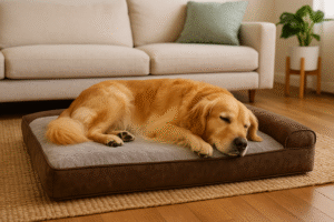 Golden retriever sleeping peacefully on a large orthopedic dog bed.