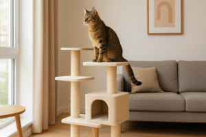 A tabby cat perched on a compact modern cat tree near a window in a small apartment, surrounded by minimalist furniture